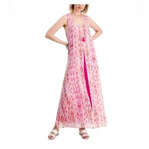 Pink Ikat Sheer Overlay Sleeveless Maxi Dress Coverup Petite Medium Vacation